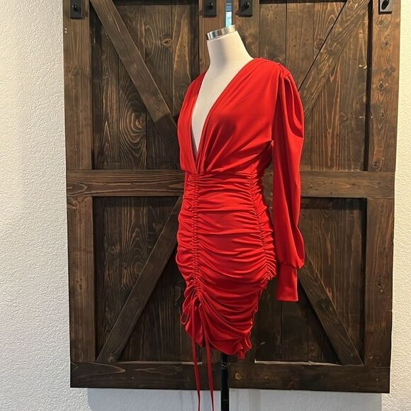 New Sexy Long Sleeve Autumn Sexy Deep V Neck Pleated Cocktail Dress SM - Picture 4 of 11